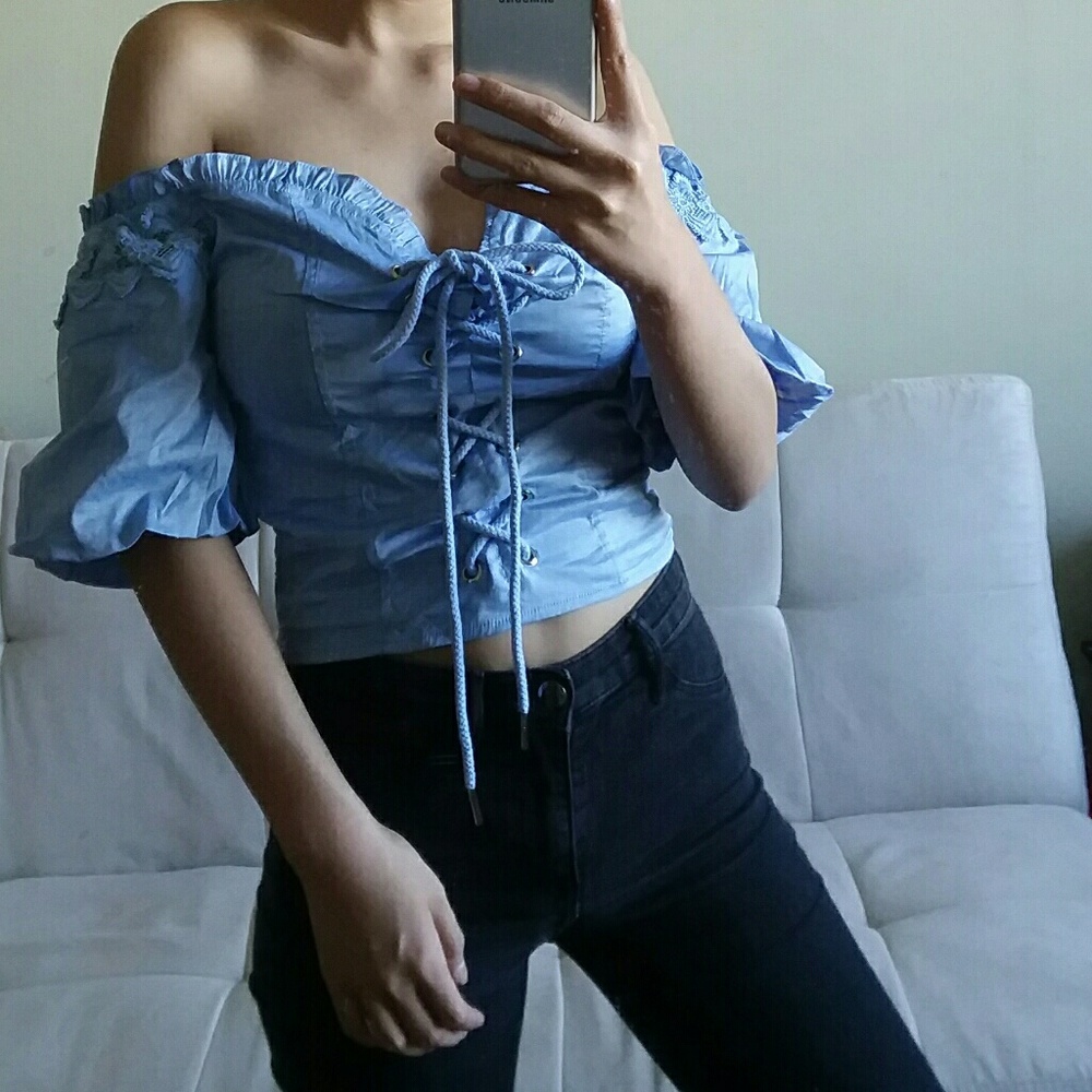 Light blue off shoulder lace up top